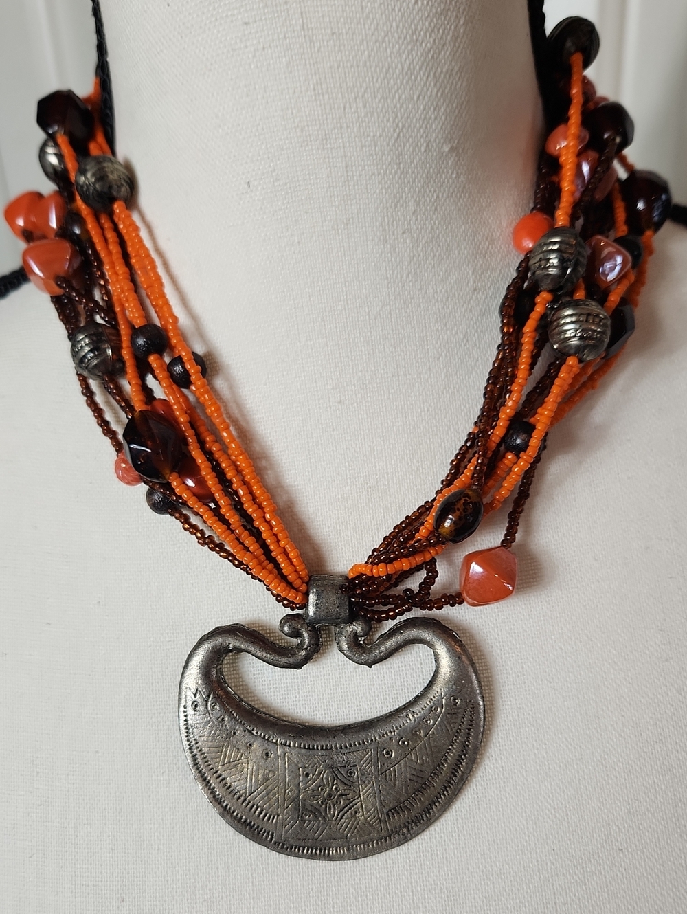 Source Unknown Orange and Brown Beaded Necklace with Silver-Tone Pendant